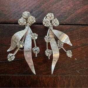 Vintage Rhinestone Leaf Dangle Earrings Silver Tone | Mid-Century Glam
